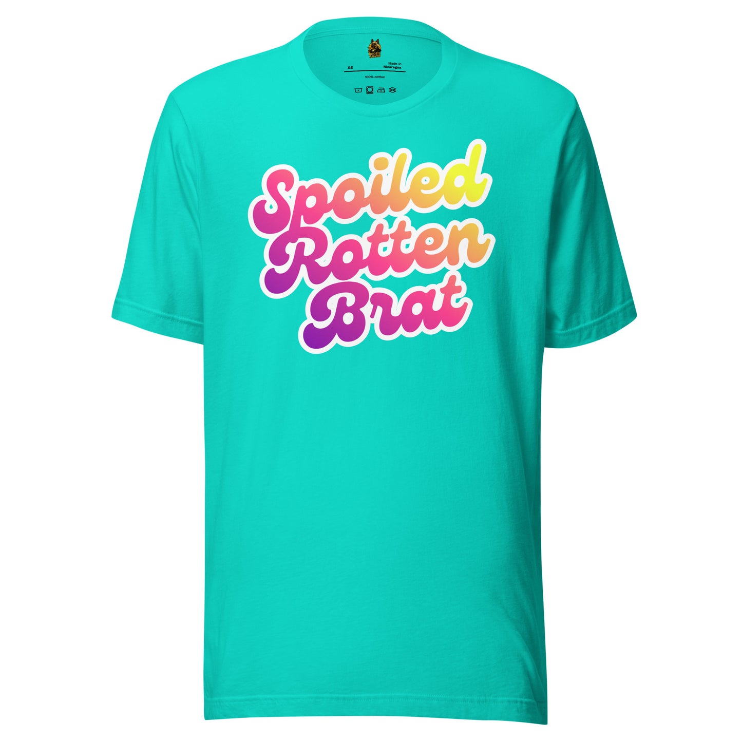 Teal unisex t-shirt with colorful 'Spoiled Rotten Brat' text – Boozie Adams