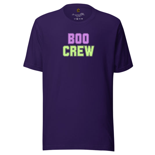 Purple unisex t-shirt with 'BOO CREW' text in lavender and green – Boozie Adams