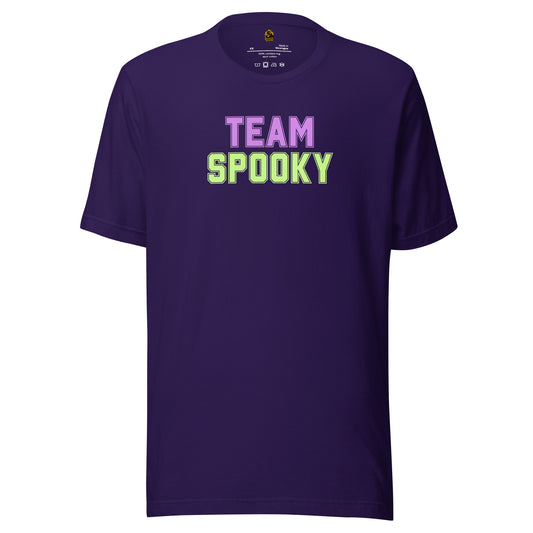 Purple unisex t-shirt with 'TEAM SPOOKY' text in lavender and green – Boozie Adams