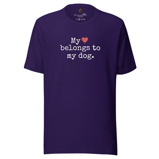 Purple t-shirt with text 'My heart belongs to my dog' – Boozie Adams