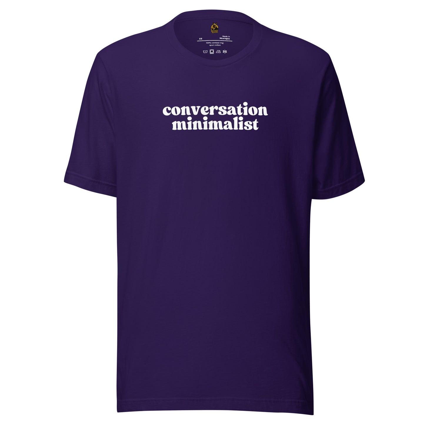 Purple unisex t-shirt with 'conversation minimalist' text – Boozie Adams