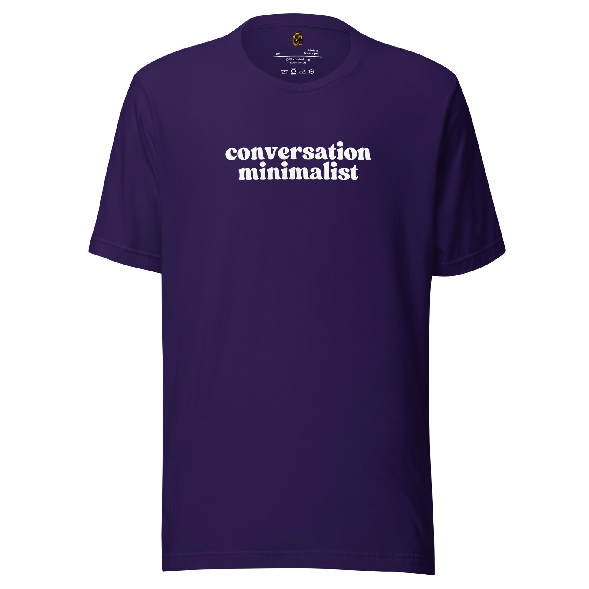 Purple unisex t-shirt with 'conversation minimalist' text – Boozie Adams