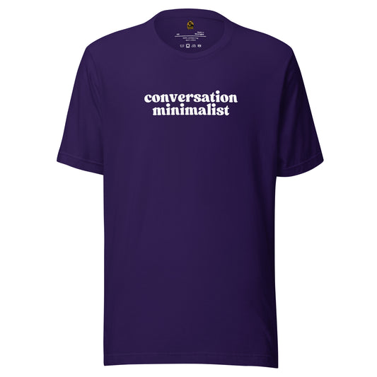 Purple unisex t-shirt with 'conversation minimalist' text – Boozie Adams