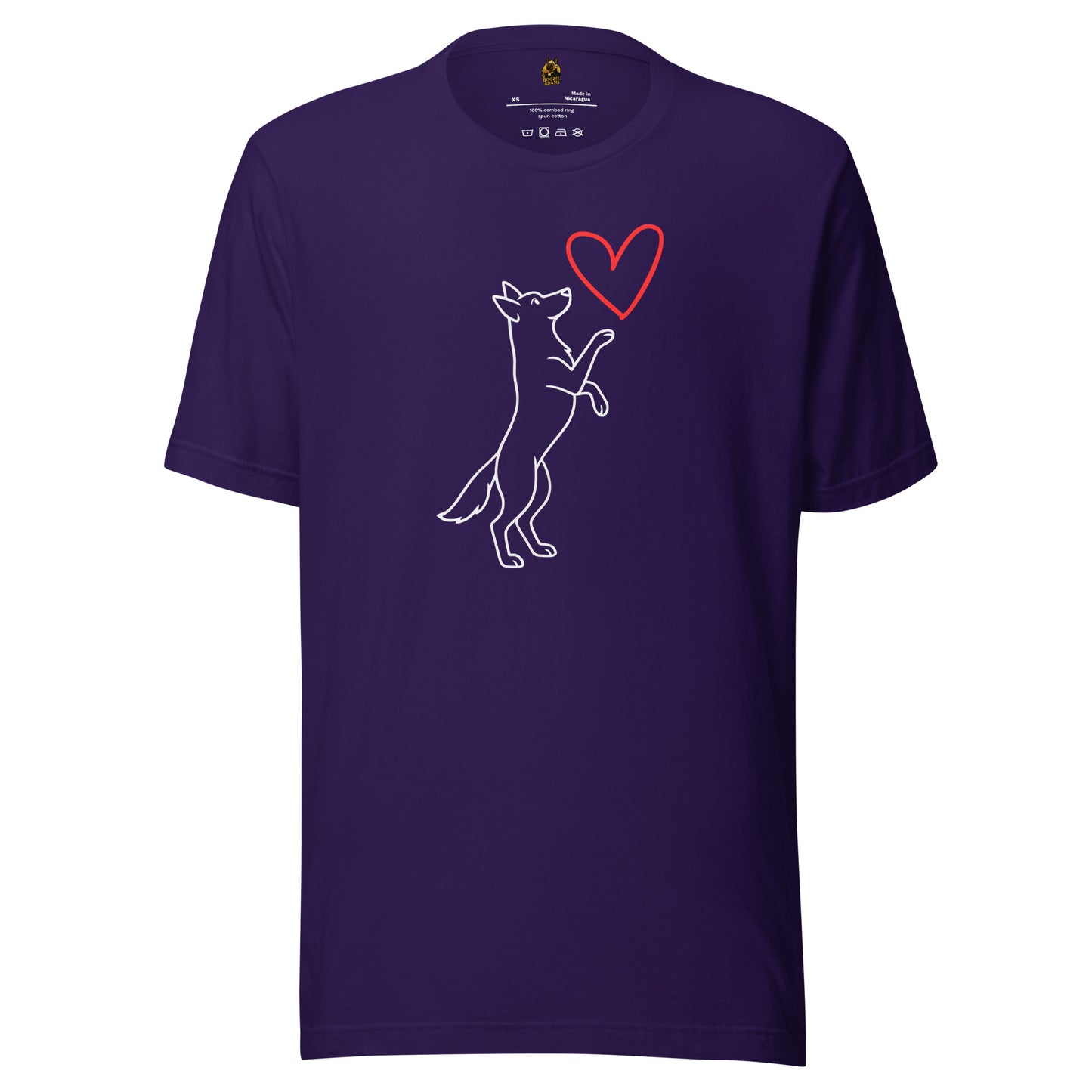 Purple unisex tshirt with graphic of white dog reaching up to red heart – Boozie Adams