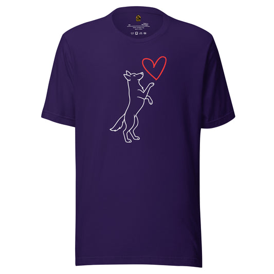 Purple unisex tshirt with graphic of white dog reaching up to red heart – Boozie Adams