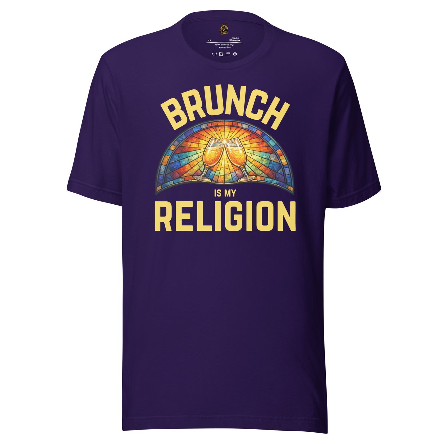 Purple unisex t-shirt with 'Brunch is my Religion' graphic design – Boozie Adams
