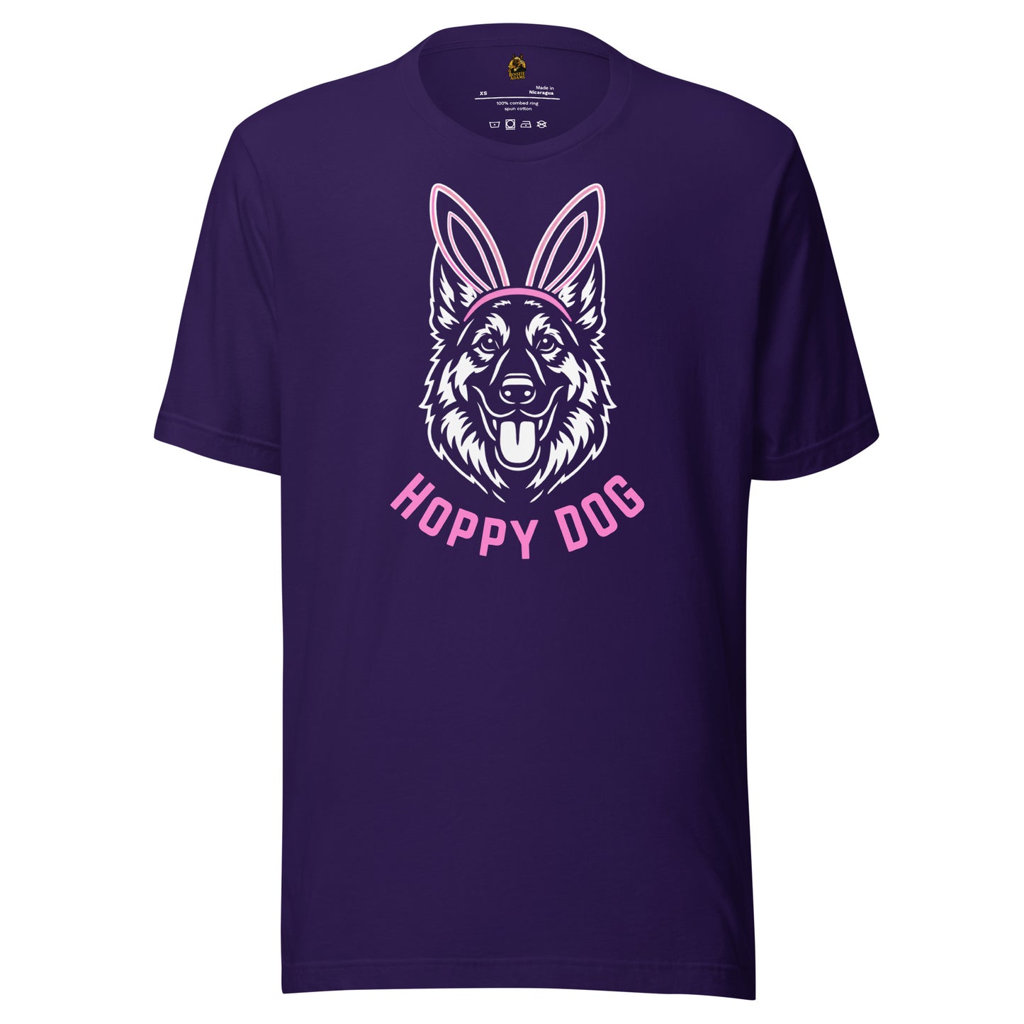 Purple unisex t-shirt with a dog graphic and 'Happy Dog' text – Boozie Adams