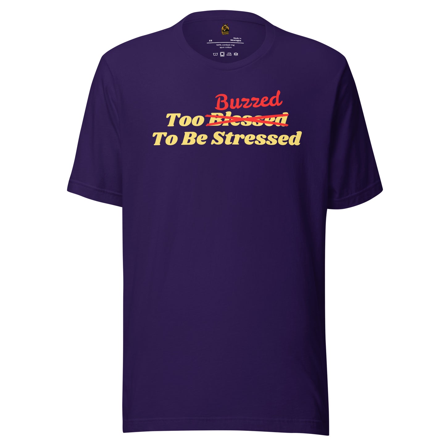 Purple unisex t-shirt with 'too buzzed to be stressed' text – Boozie Adams