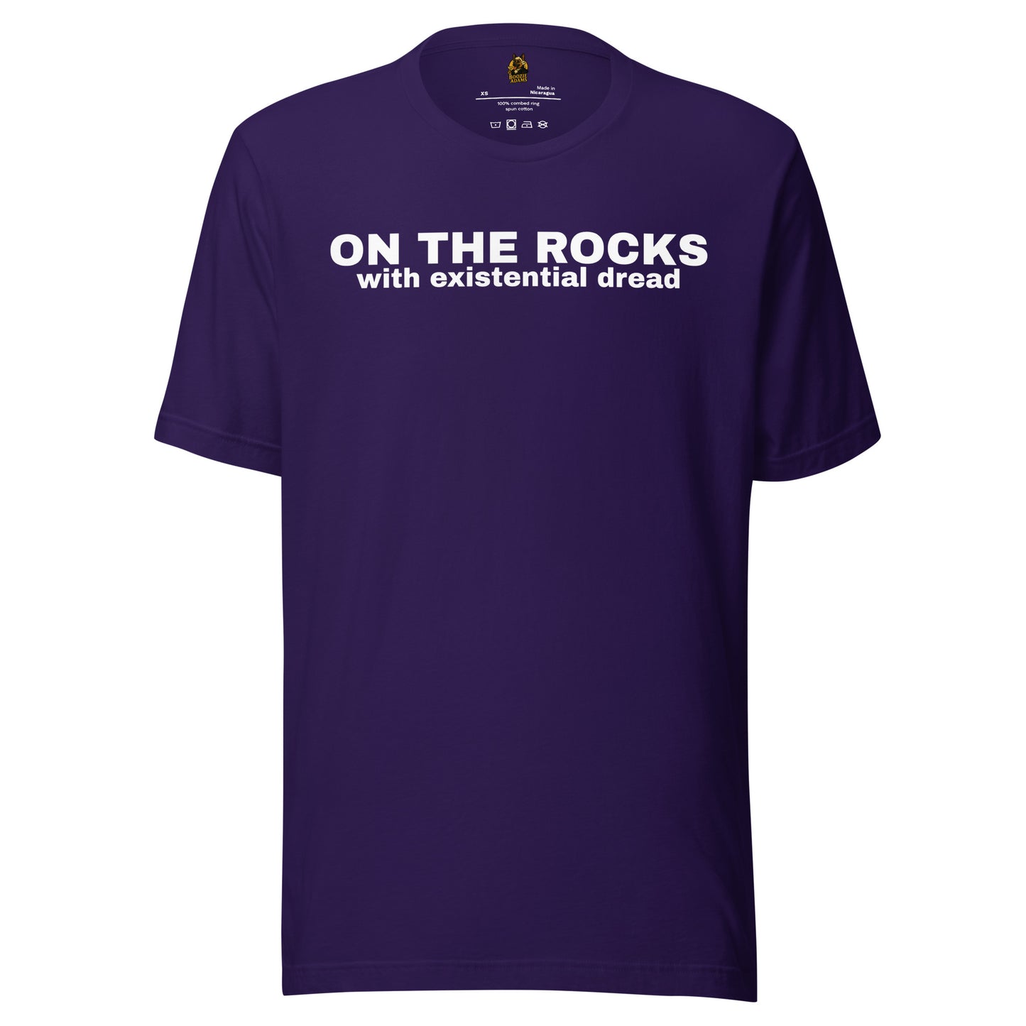 Purple unisex t-shirt with 'ON THE ROCKS with existential dread' text – Boozie Adams