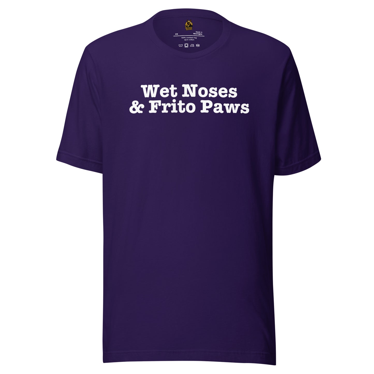 Purple unisex t-shirt with 'Wet Noses & Frito Paws' text – Boozie Adams