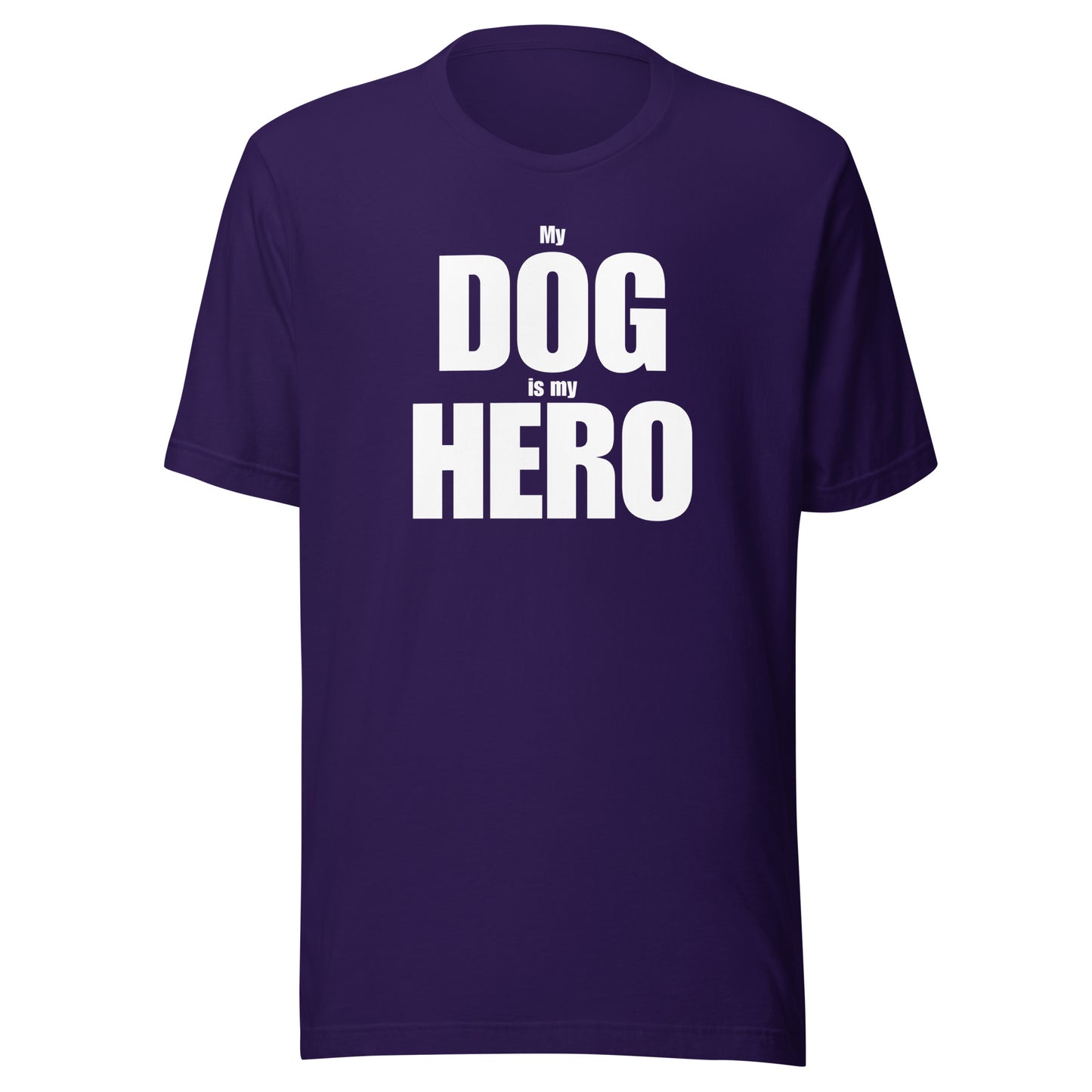 Purple unisex t-shirt with 'My Dog is my Hero' text – Boozie Adams