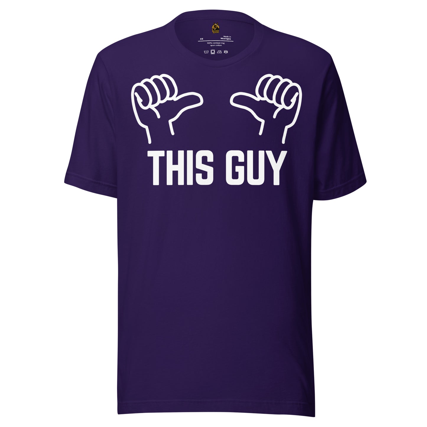 Purple unisex t-shirt with white thumb graphic and text 'THIS GUY' – Boozie Adams