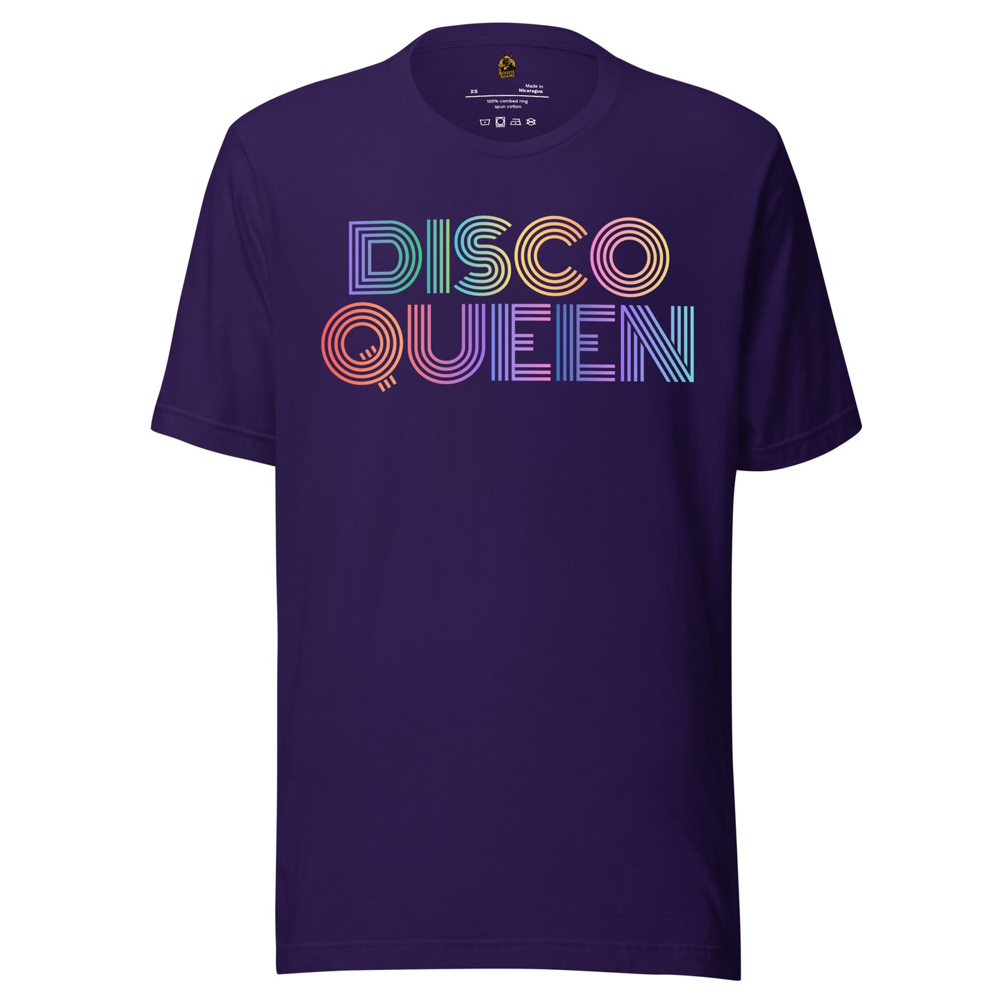 Purple unisex t-shirt with 'DISCO QUEEN' in colorful letters – Boozie Adams