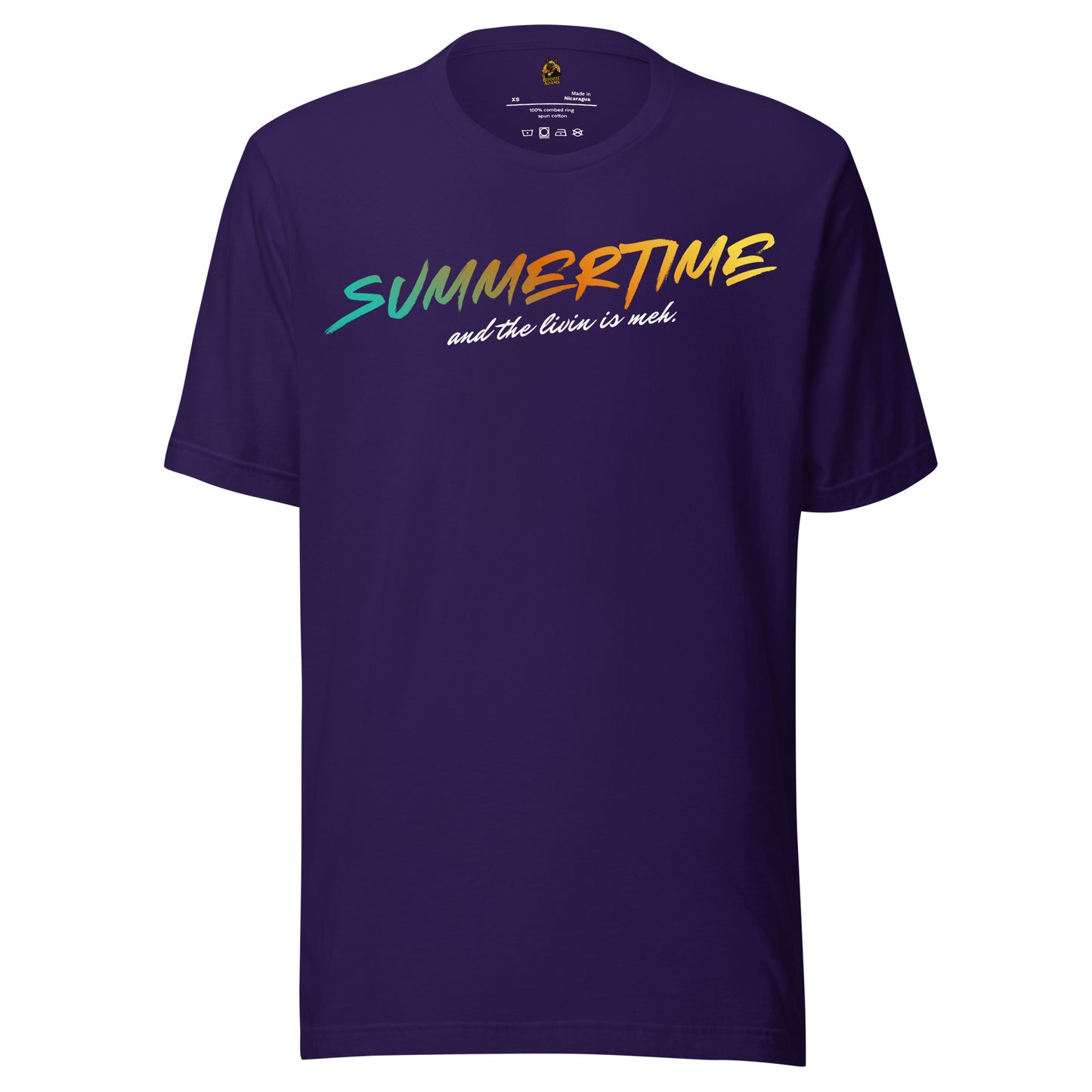 Purple unisex t-shirt with colorful 'Summertime and the livin is meh.' text – Boozie Adams