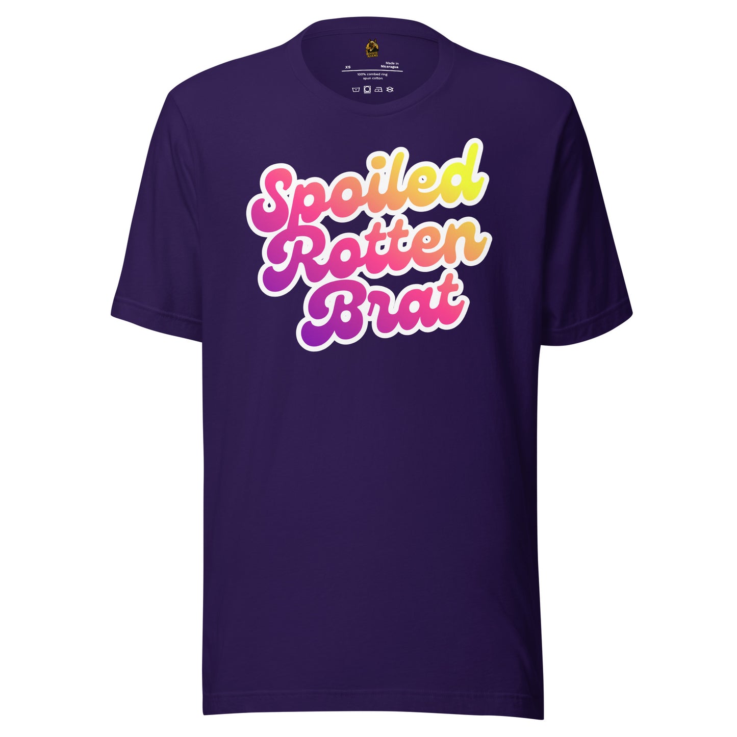 Purple unisex t-shirt with colorful 'Spoiled Rotten Brat' text – Boozie Adams
