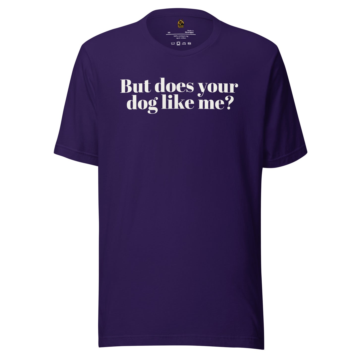 Purple unisex t-shirt with white text 'But does your dog like me?' – Boozie Adams