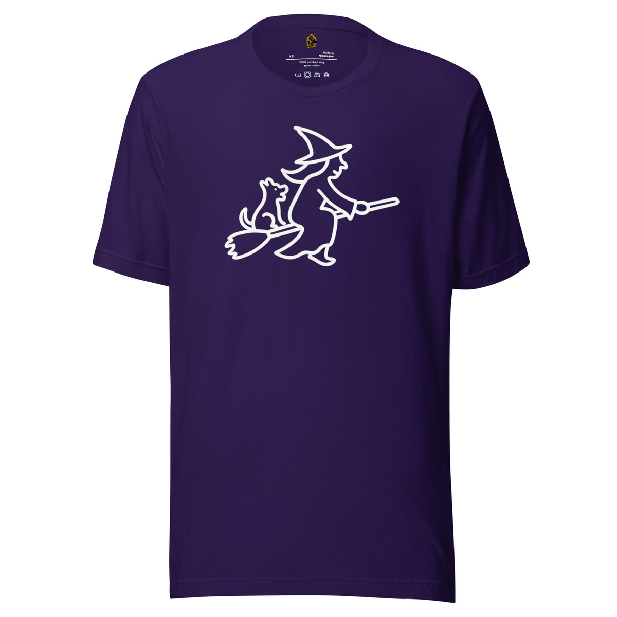 Purple unisex t-shirt with a white witch on a broom with a dog graphic – Boozie Adams