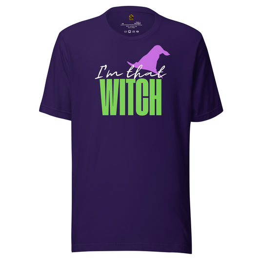 Purple unisex t-shirt with 'I'm that WITCH' text and purple witch hat graphic – Boozie Adams