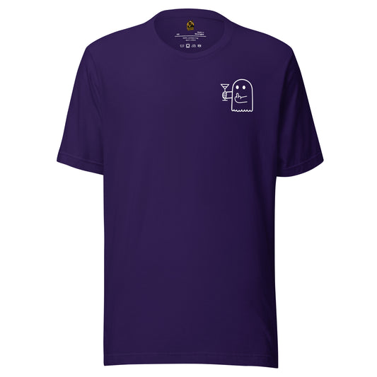 Purple unisex t-shirt with a small white ghost holding a martini glass and flipping the bird on the chest  – Boozie Adams