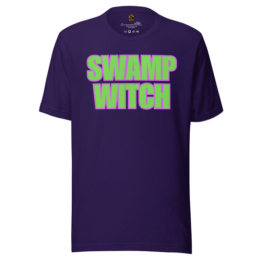 Purple unisex t-shirt with green and purple text 'SWAMP WITCH' – Boozie Adams