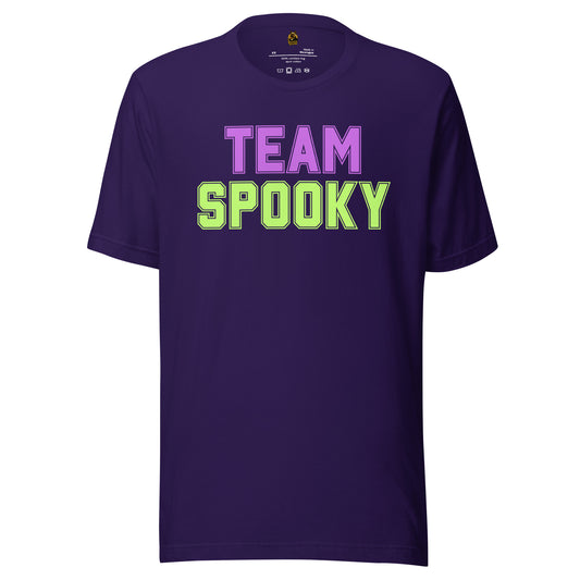 Purple unisex t-shirt with 'TEAM SPOOKY' text in lavender and green – Boozie Adams