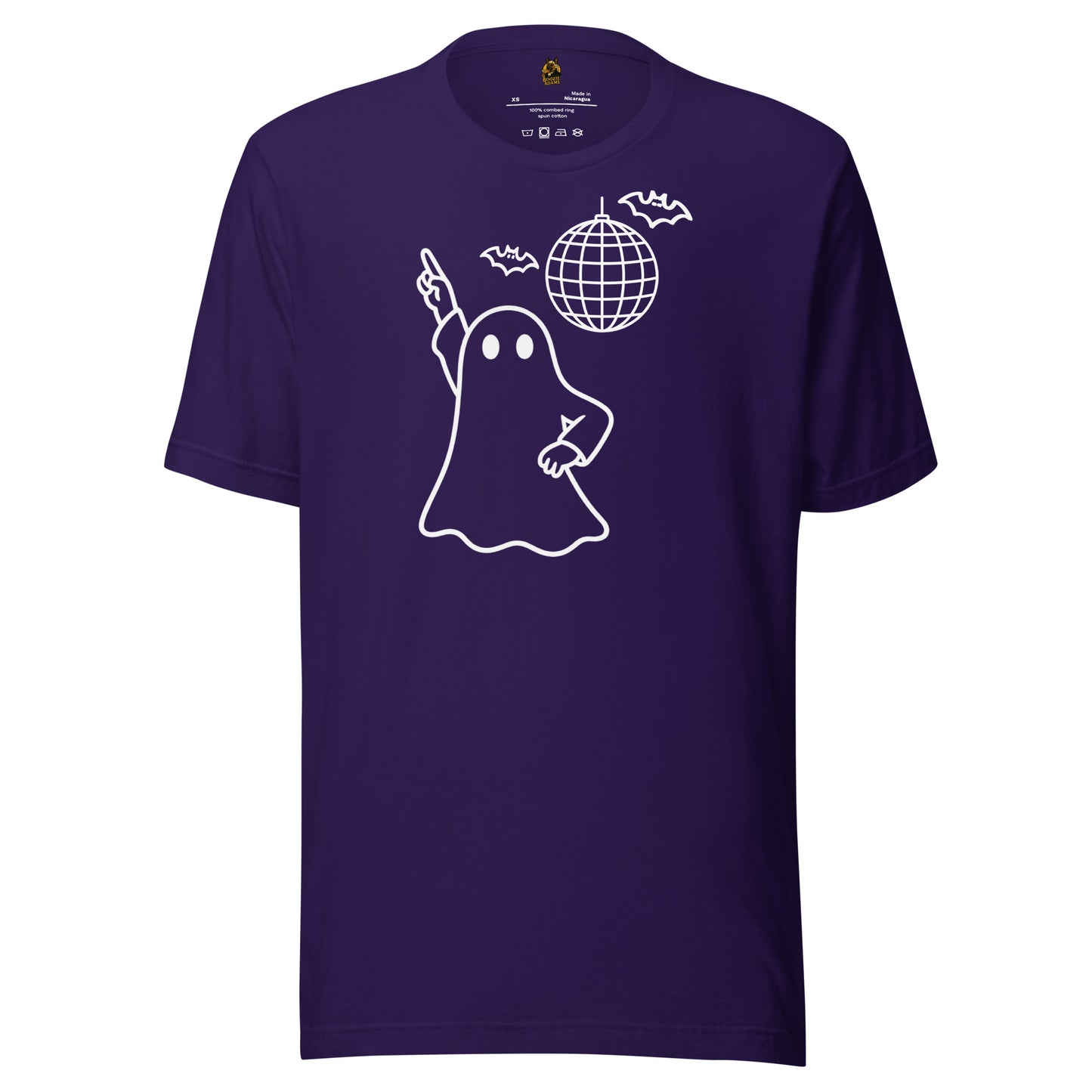 Purple unisex t-shirt with image of disco ghost, bats and disco ball – Boozie Adams