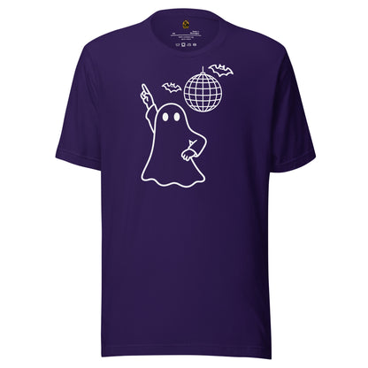 Purple unisex t-shirt with image of disco ghost, bats and disco ball – Boozie Adams
