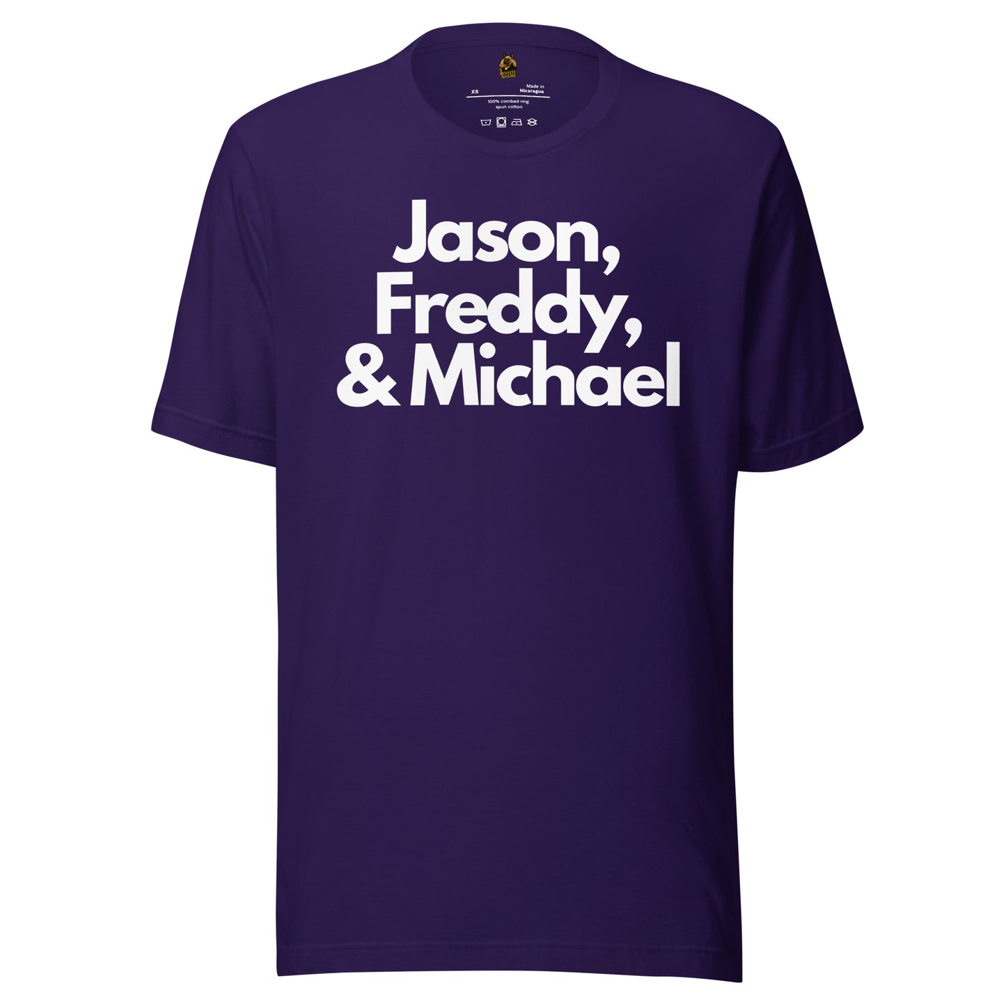 Purple unisex t-shirt with white text 'Jason, Freddy, & Michael'  – Boozie Adams