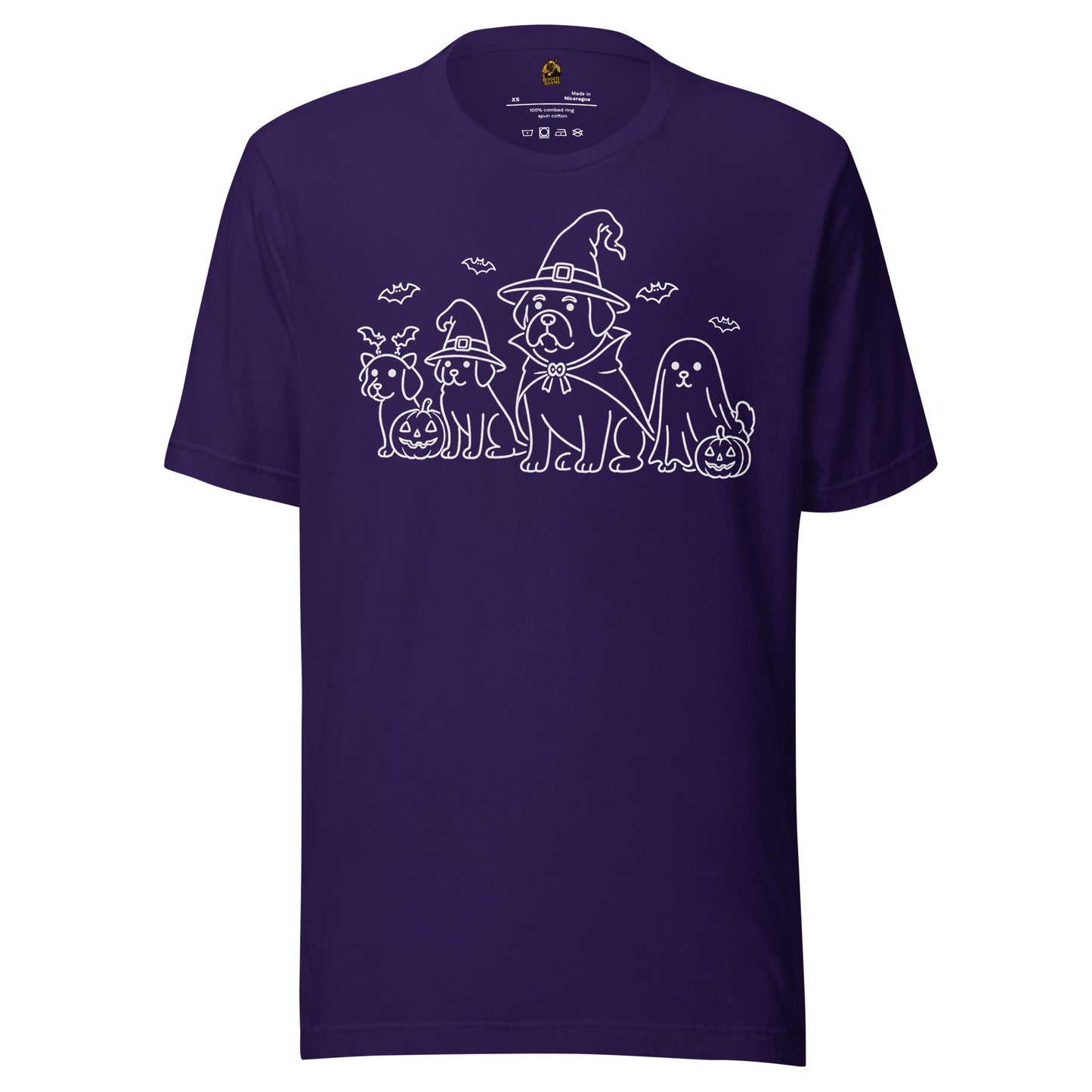 Purple unisex t-shirt with graphic of dogs dressed for halloween – Boozie Adams