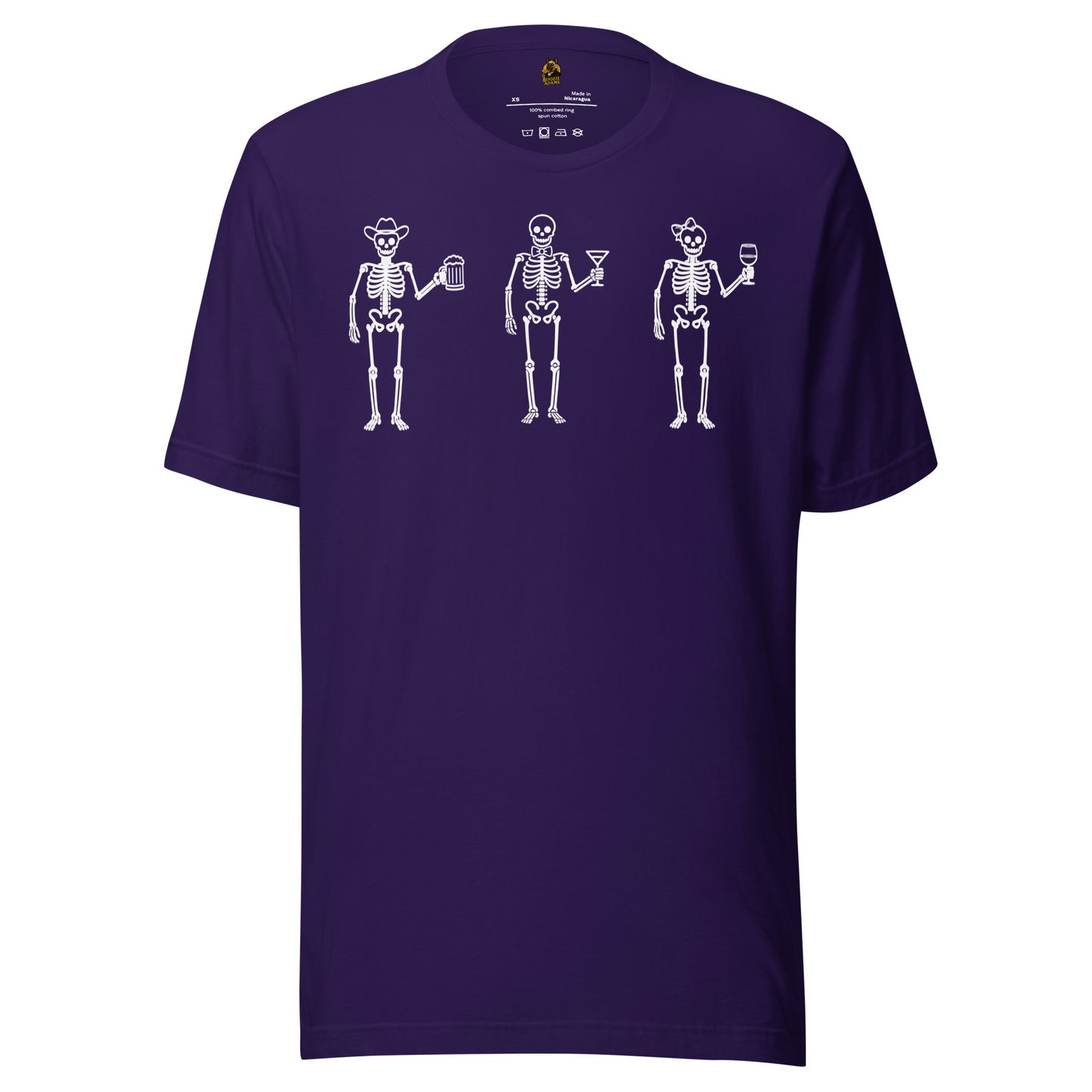 Purple unisex t-shirt with graphic of three skeletons each holding a wine, beer, and martini glass – Boozie Adams