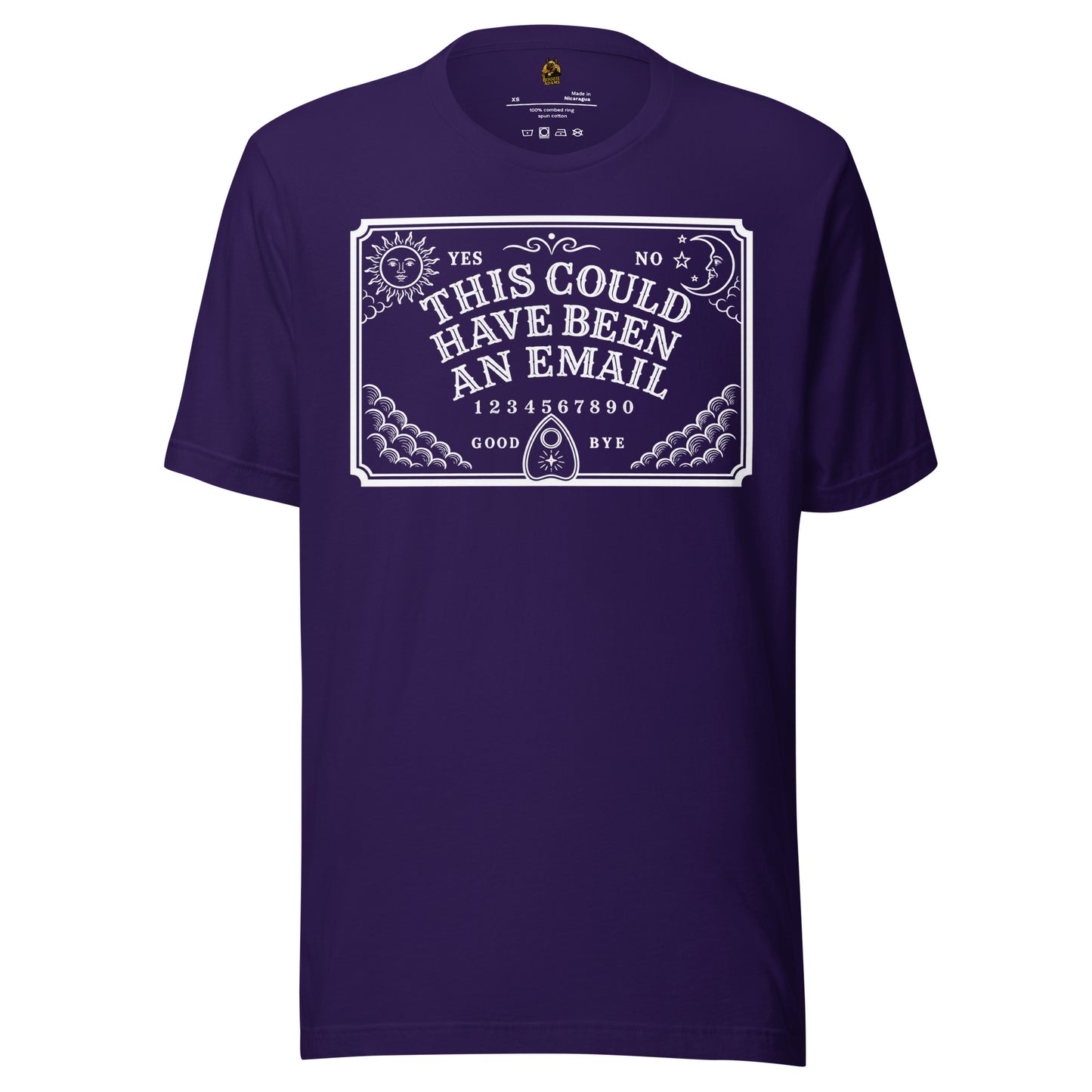 Purple unisex t-shirt with white graphic of spirit board and text 'This Could Have Been An Email' – Boozie Adams