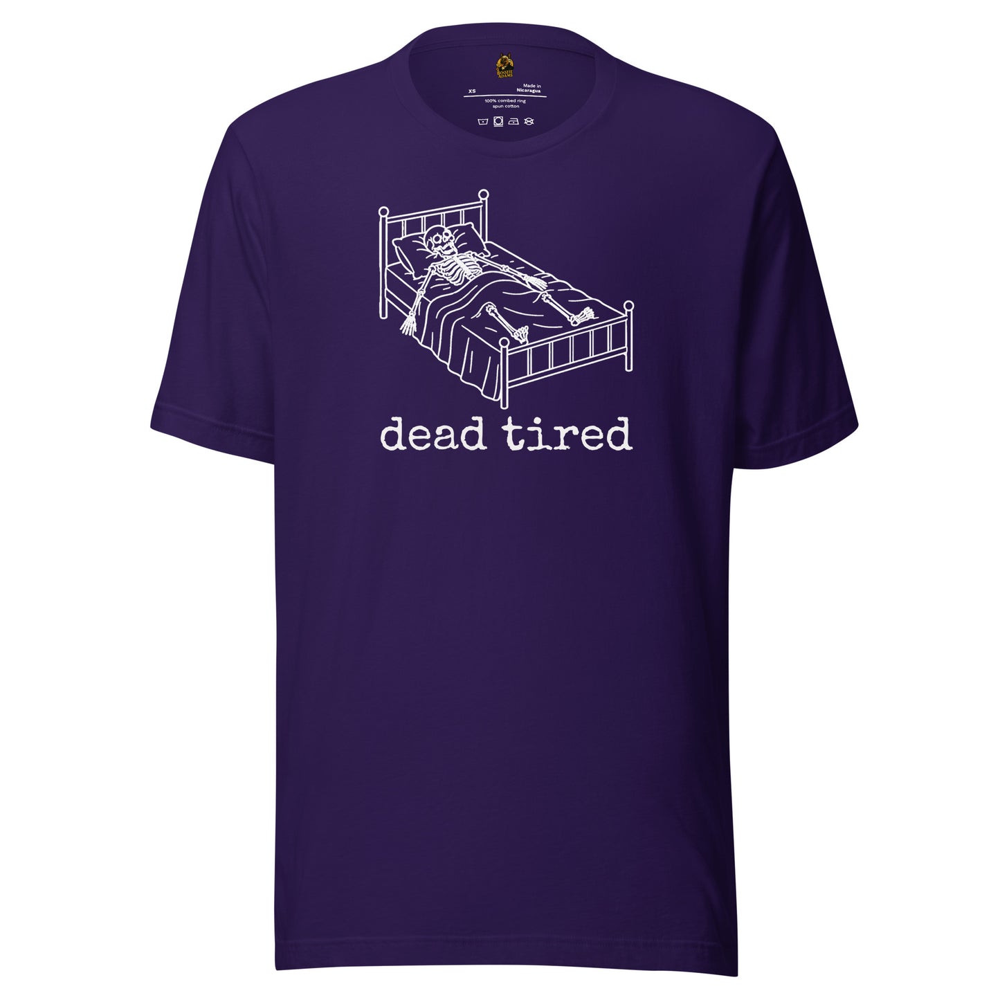 Purple unisex t-shirt with graphic of skeleton in bed and text 'dead tired' – Boozie Adams