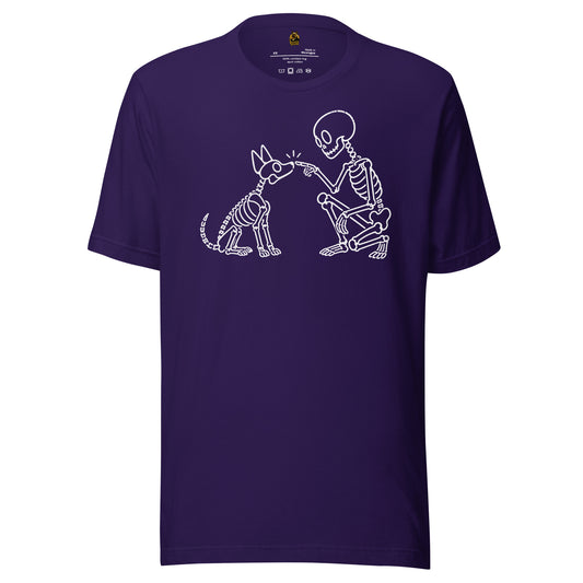 Purple unisex t-shirt with graphic of skeleton booping a skeleton dog's nose – Boozie Adams