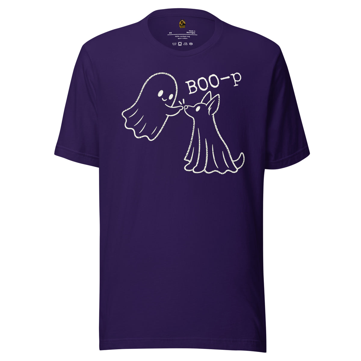 Purple unisex t-shirt with graphic of ghost booping ghost dog's nose and 'BOO-p' text – Boozie Adams
