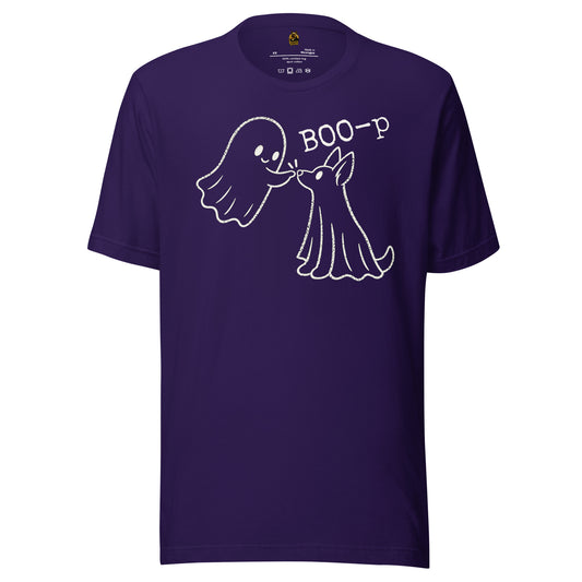 Purple unisex t-shirt with graphic of ghost booping ghost dog's nose and 'BOO-p' text – Boozie Adams
