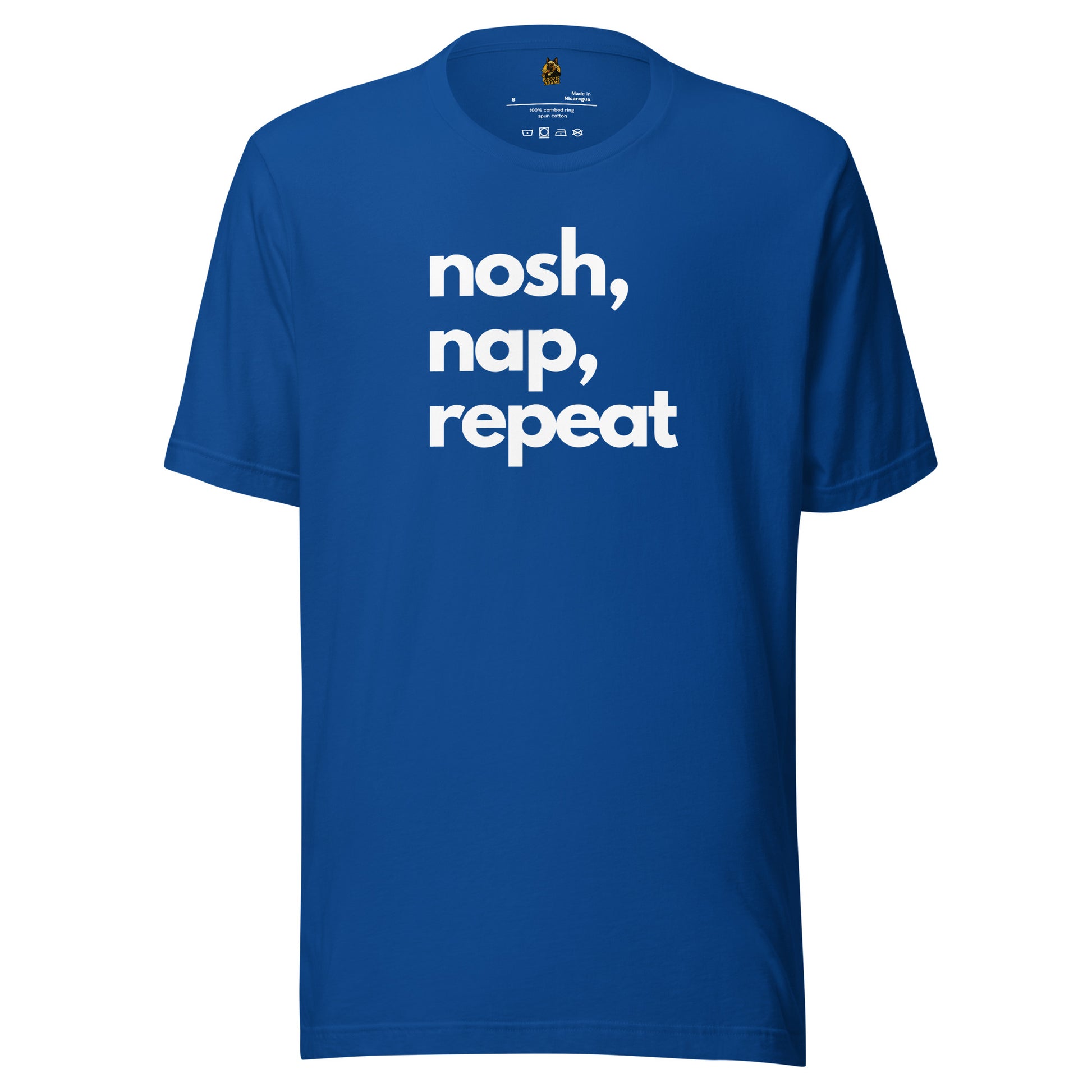 Royal blue unisex t-shirt with 'nosh, nap, repeat' text in white – Boozie Adams