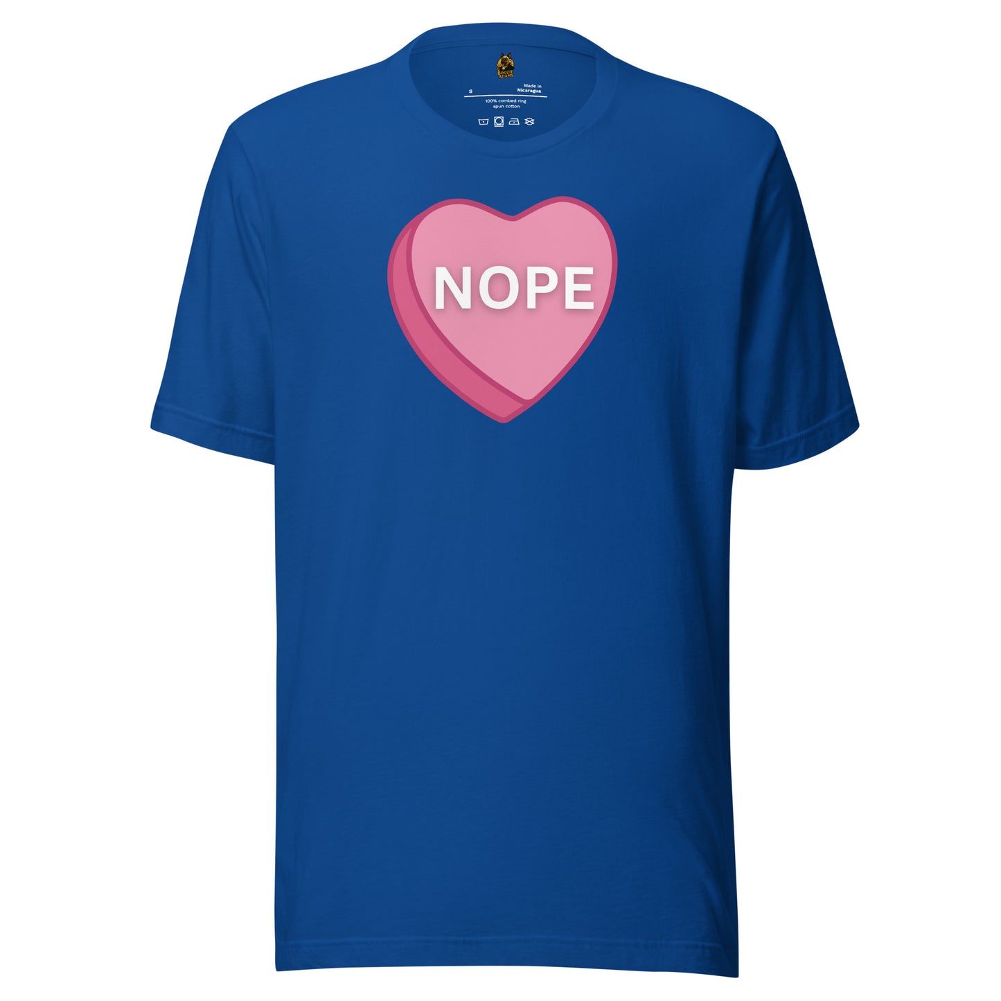 Blue unisex t-shirt with a pink heart and 'NOPE' text – Boozie Adams
