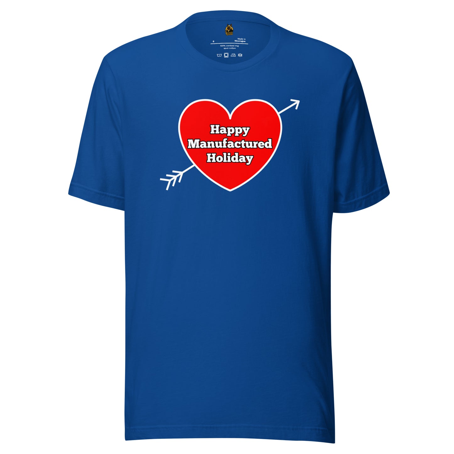 Blue unisex t-shirt with a red heart graphic with 'happy manufactured holiday' text – Boozie Adams