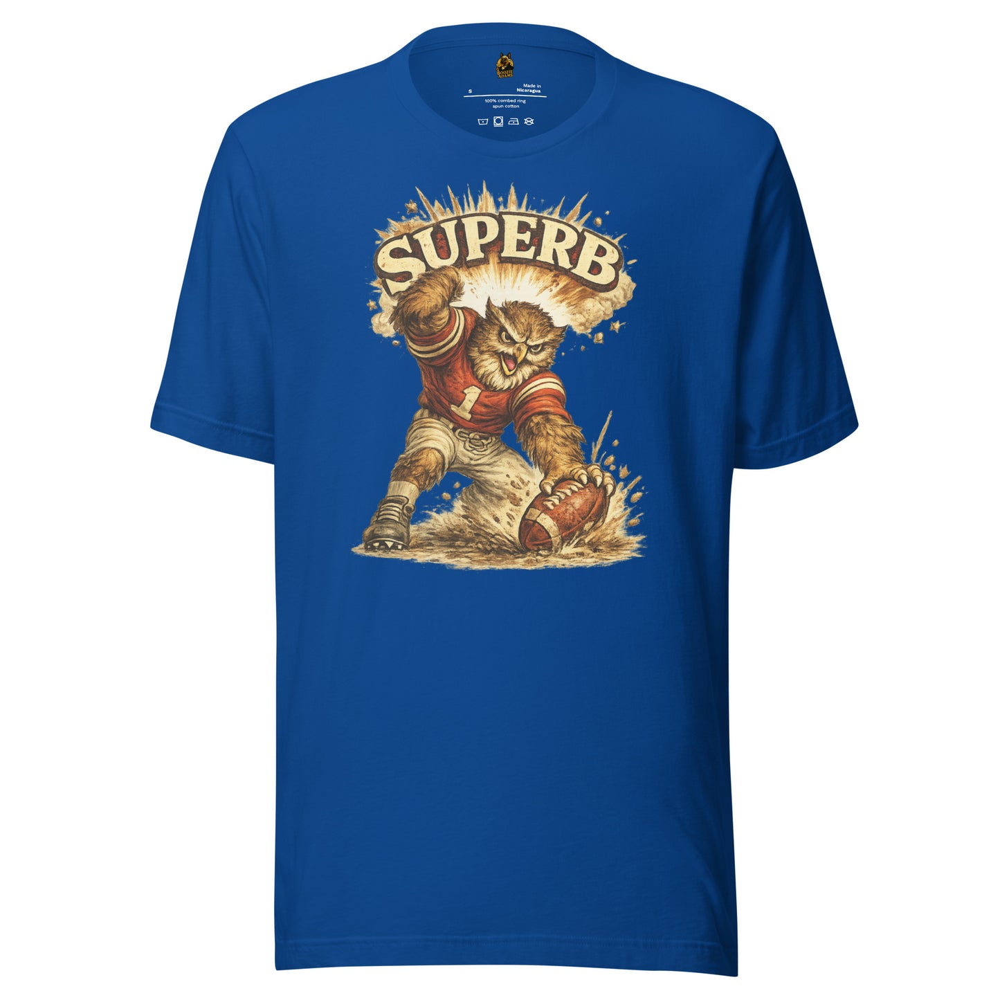 Blue unisex t-shirt with a graphic of an owl football player and 'Superb' text – Boozie Adams