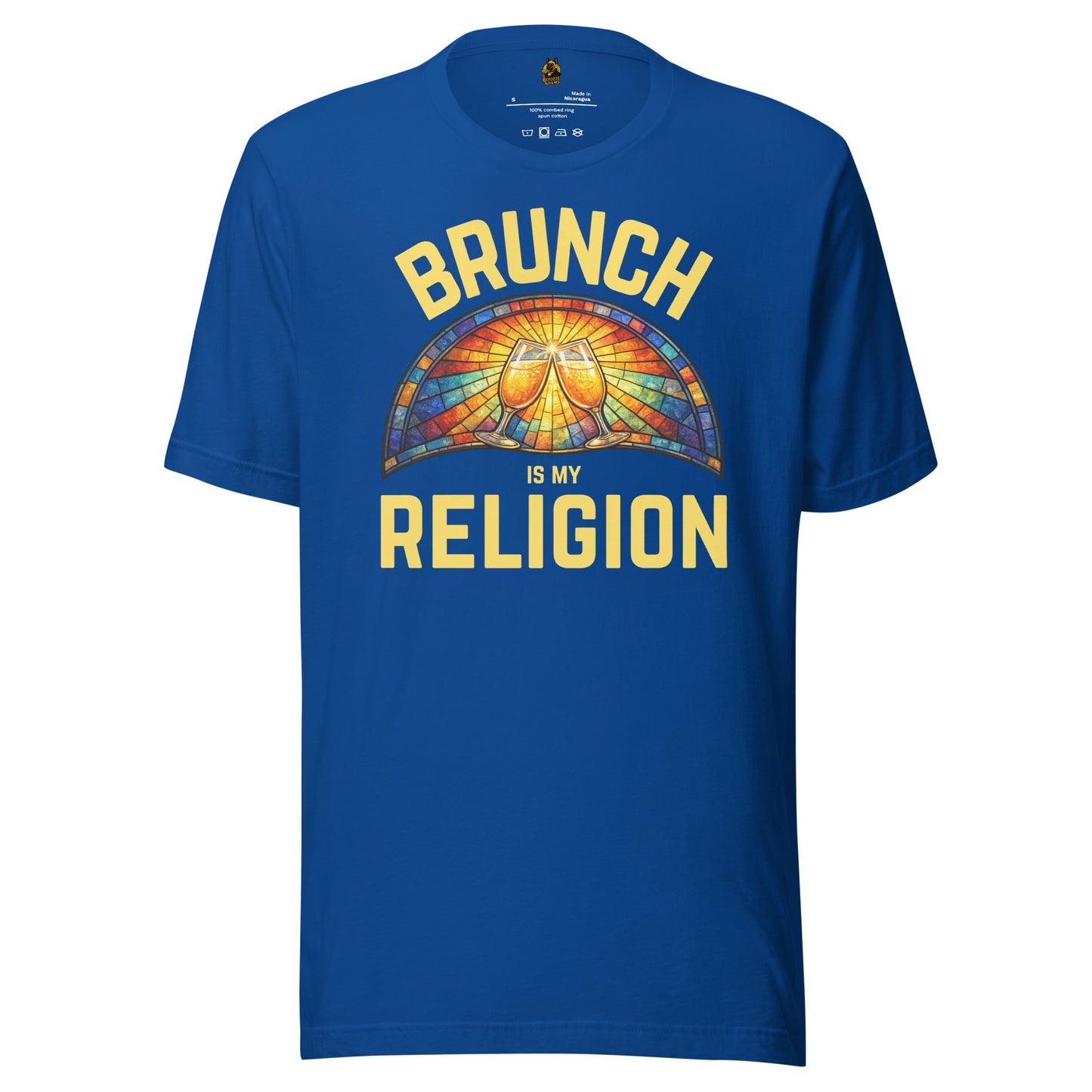 Blue unisex t-shirt with 'Brunch is my Religion' graphic design – Boozie Adams