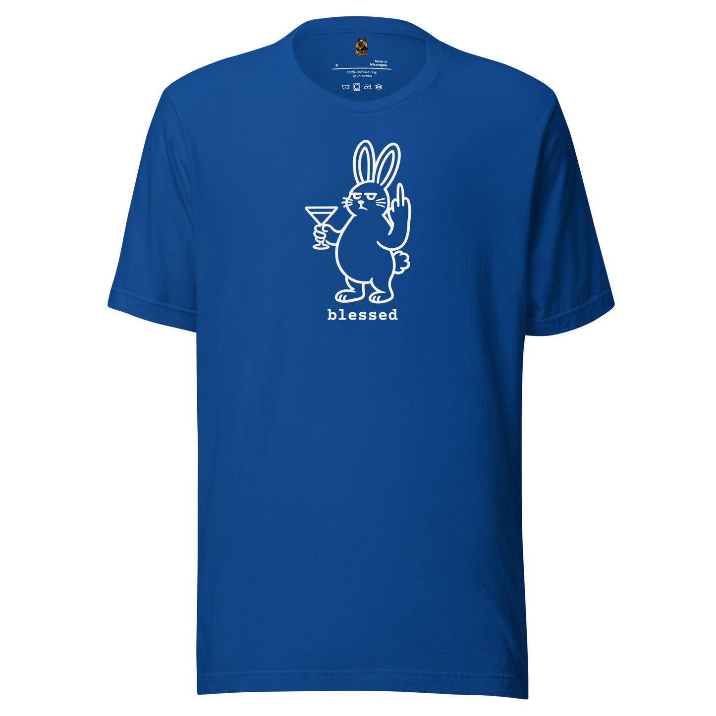 Blue unisex t-shirt with a white graphic of a rabbit holding a martini glass and flipping the bird with text 'blessed' – Boozie Adams