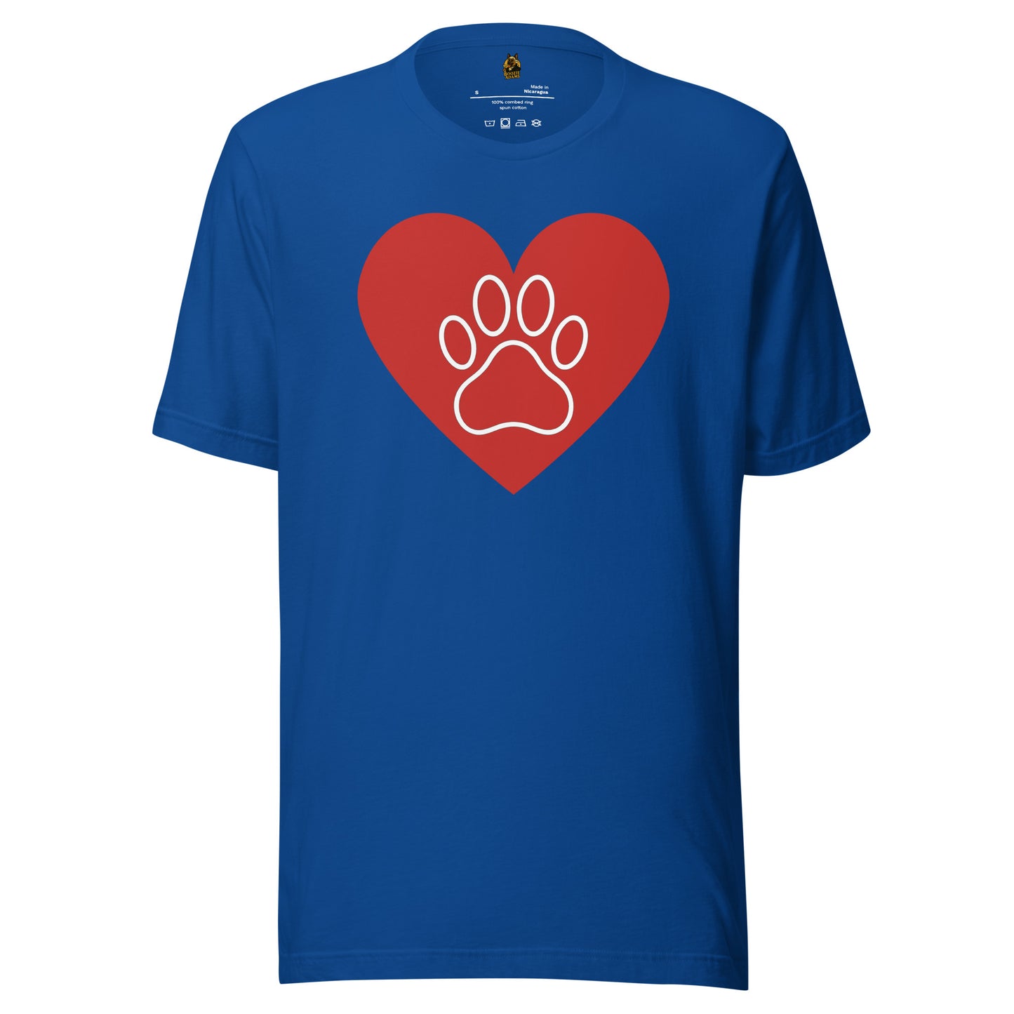Royal blue unisex t-shirt with a red heart and white paw print design – Boozie Adams