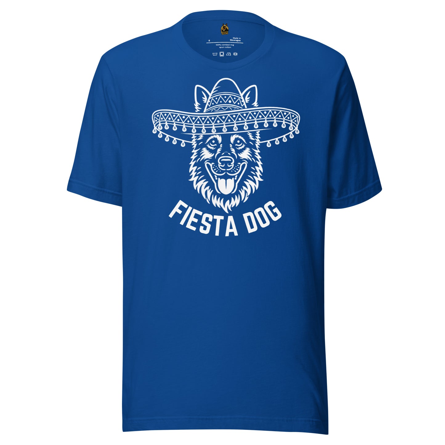 Blue unisex t-shirt with a white graphic of a dog wearing a sombrero and the text 'Fiesta Dog' – Boozie Adams