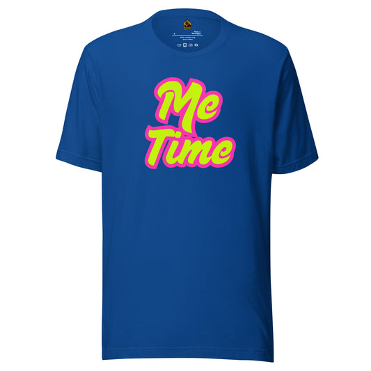 Blue unisex t-shirt with 'Me Time' text in pink and yellow – Boozie Adams