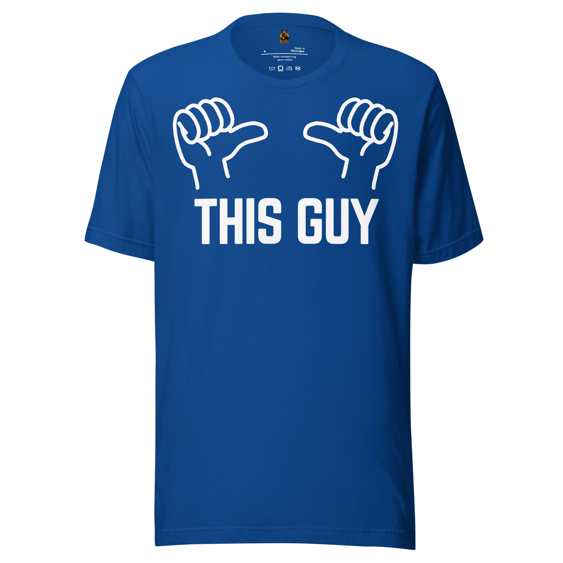 Blue unisex t-shirt with white thumb graphic and text 'THIS GUY' – Boozie Adams