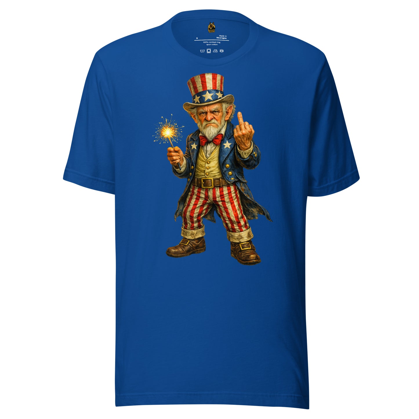 Blue unisex t-shirt with Uncle Sam graphic holding a sparkler  and flipping the bird – Boozie Adams