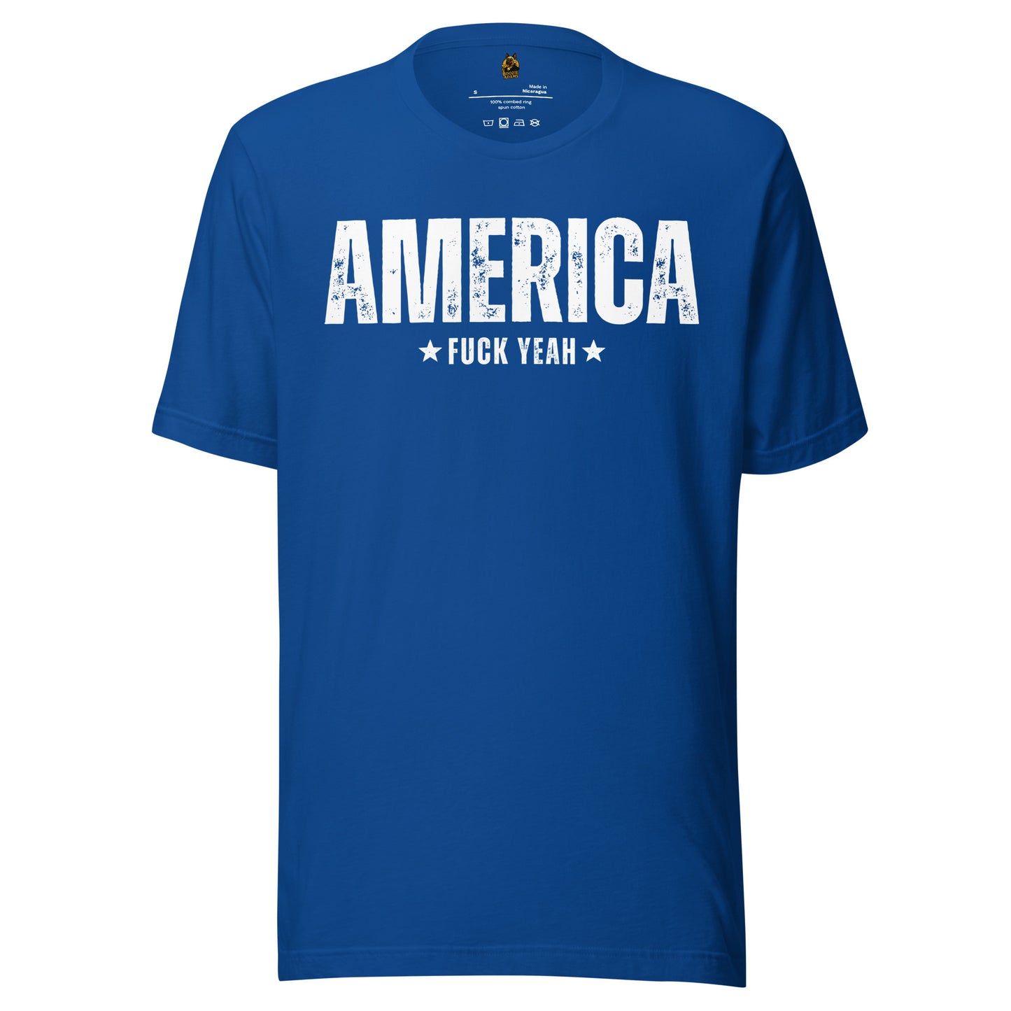 Blue unisex t-shirt with 'AMERICA FUCK YEAH' text – Boozie Adams
