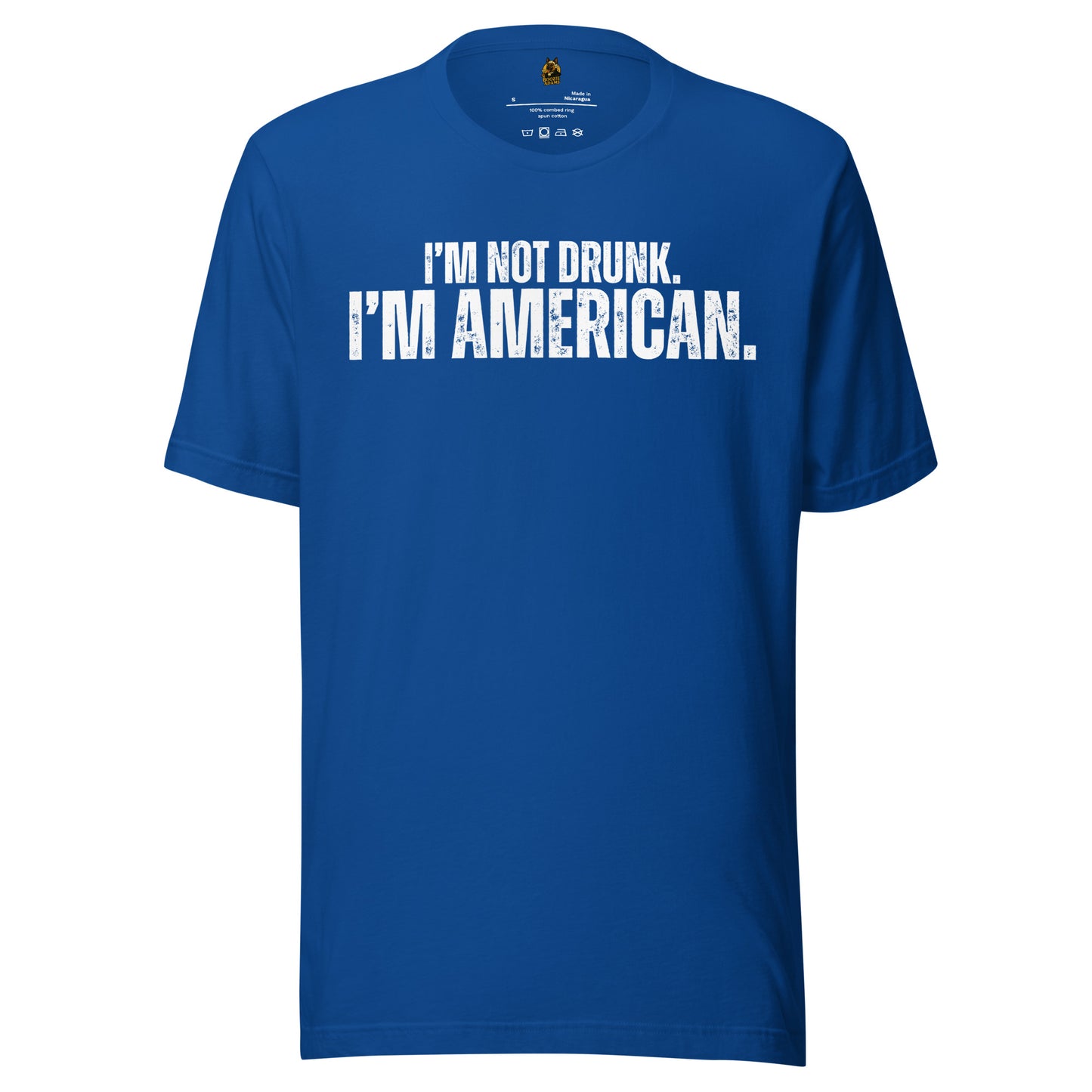 Blue unisex t-shirt with white text 'I'm not drunk, I'm American' – Boozie Adams