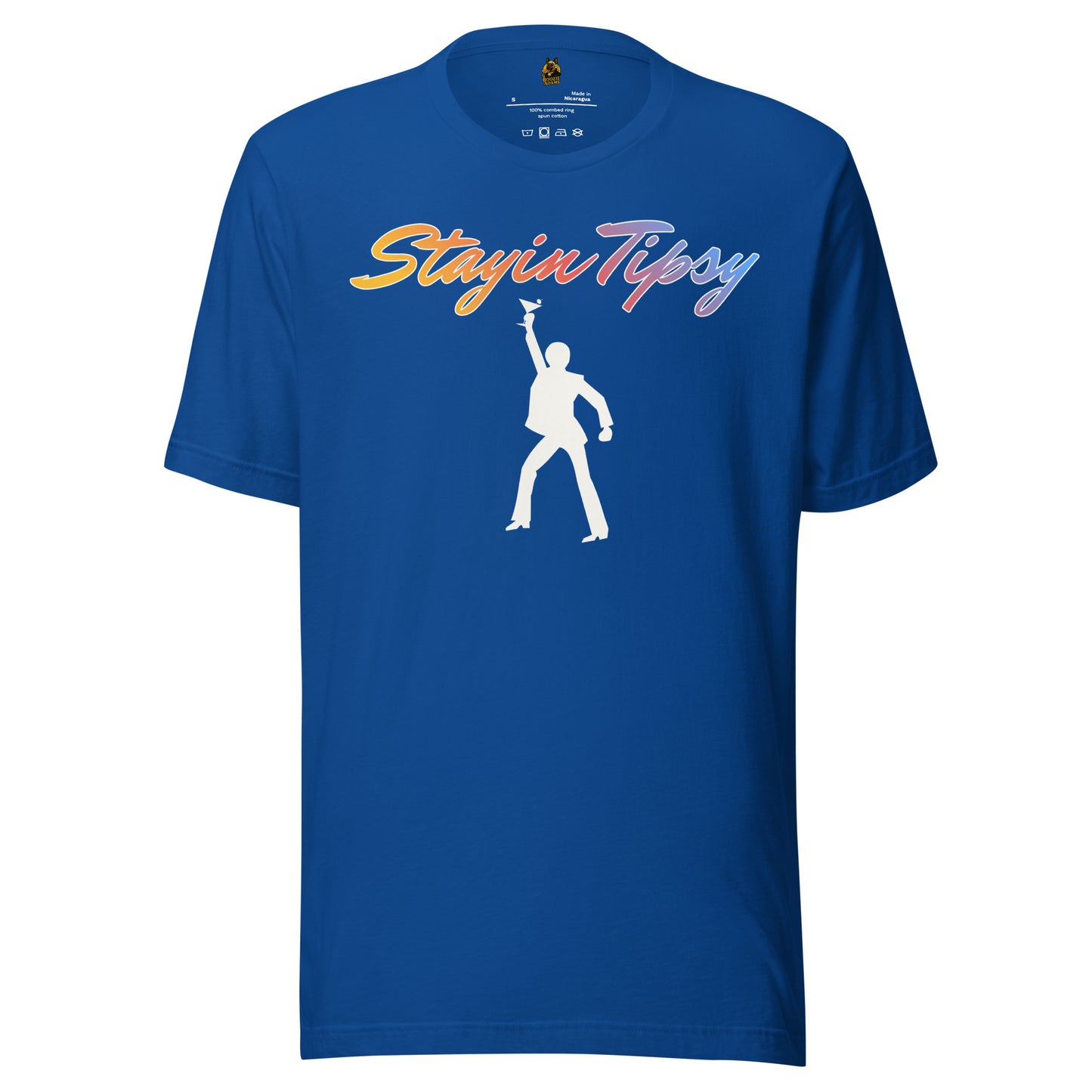 Blue unisex t-shirt with 'Stayin Tippsy' text and silhouette design – Boozie Adams