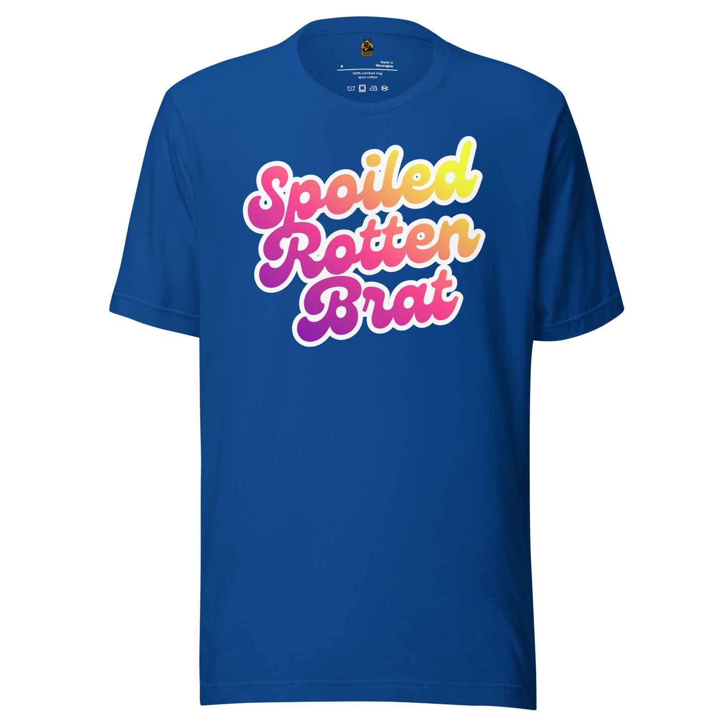 Blue unisex t-shirt with colorful 'Spoiled Rotten Brat' text – Boozie Adams
